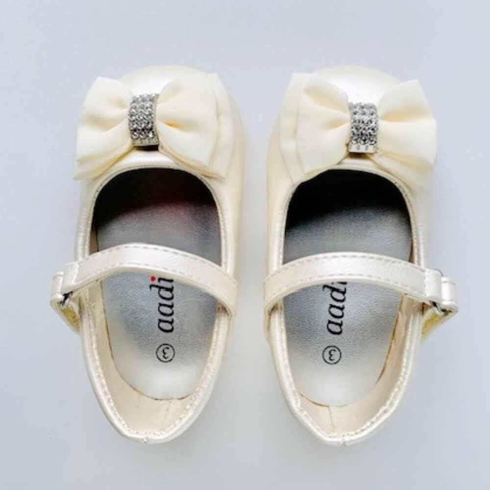AADI Baby Girls Bow Tie Mary Jane Ballerina Flat (Ivory, Leatherette, 3 Infant)
